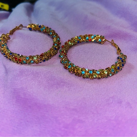 Rhinestone Multi-Color Decor Hoop Earrings - Picture 7 of 10